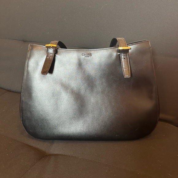 Authentic Celine Paris Shoulder School Work Bag Black Leather Gold Made in Itsly